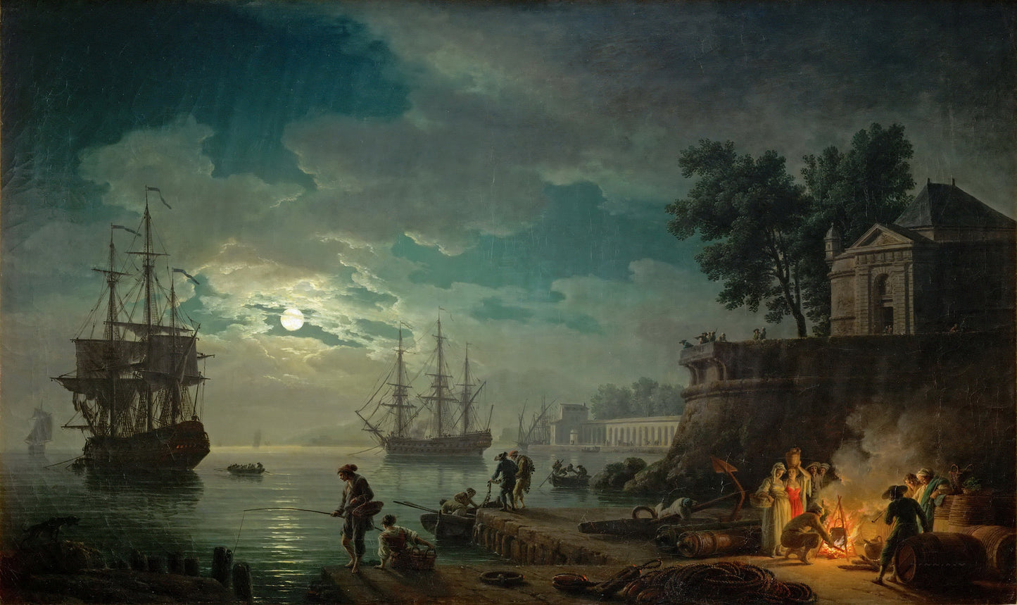 Night, a Port in Moonlight, vintage artwork by Claude-Joseph Vernet, 12x8" (A4) Poster