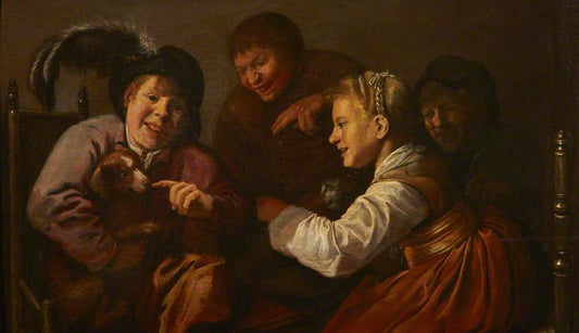A Group of People Teasing a Dog with a Cat, vintage artwork by Jan Miense Molenaer, 12x8" (A4) Poster