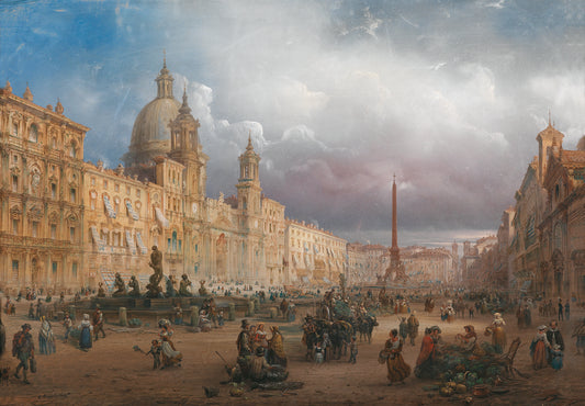 A Bustling Market on the Piazza Navona in Rome, vintage artwork by Carlo Bossoli, A3 (16x12") Poster Print