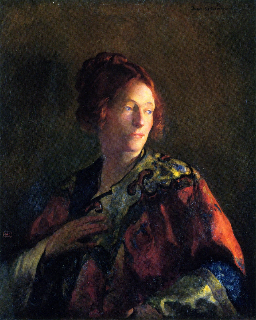 Portrait in Red and Gold of Miss Pearson, vintage artwork by Joseph Rodefer DeCamp, 12x8" (A4) Poster