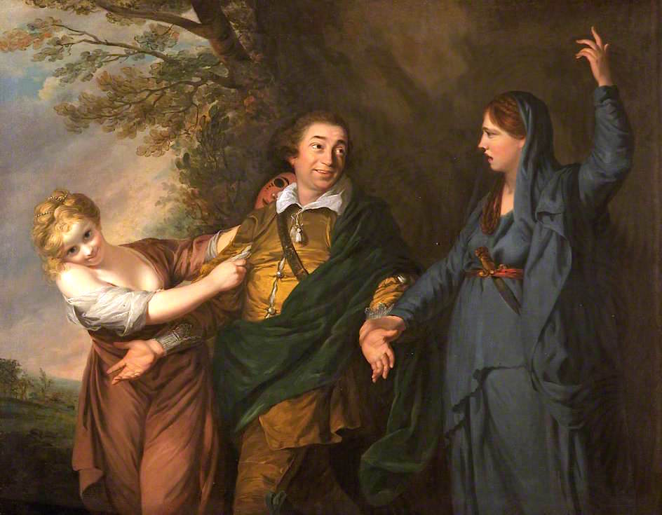 Garrick between Tragedy and Comedy (copy after Joshua Reynolds), vintage artwork by Mather Brown, 12x8" (A4) Poster