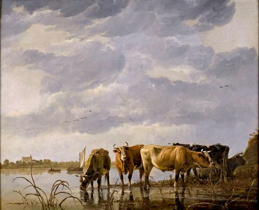 Cattle Watering by  an Estuary, vintage artwork by Aelbert Cuyp, 12x8" (A4) Poster