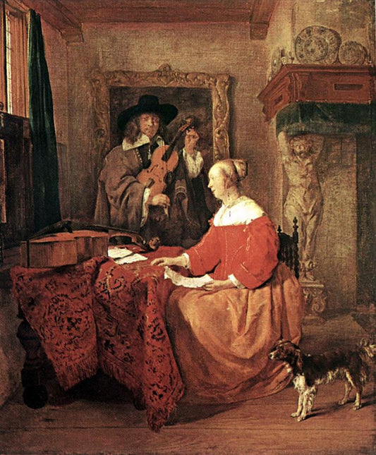 A Man Tuning a Violin and a Woman with a Score, vintage artwork by Gabriël Metsu, 12x8" (A4) Poster