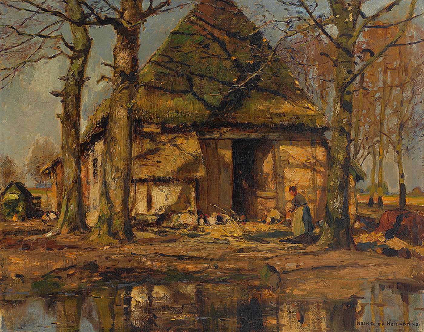 Thatched Farmhouse with Chickens by Heinrich Hermanns,A3(16x12")Poster