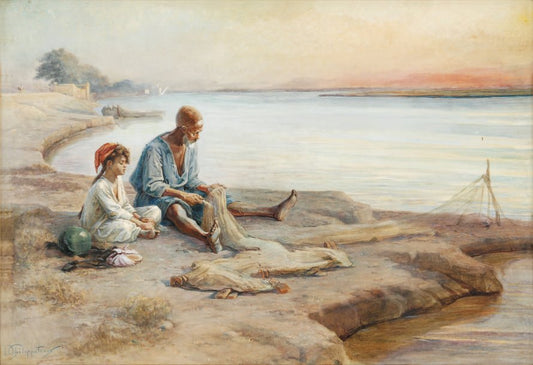 Fishing on the Banks of the Nile, vintage artwork by Paul Dominique Philippoteaux, 12x8" (A4) Poster