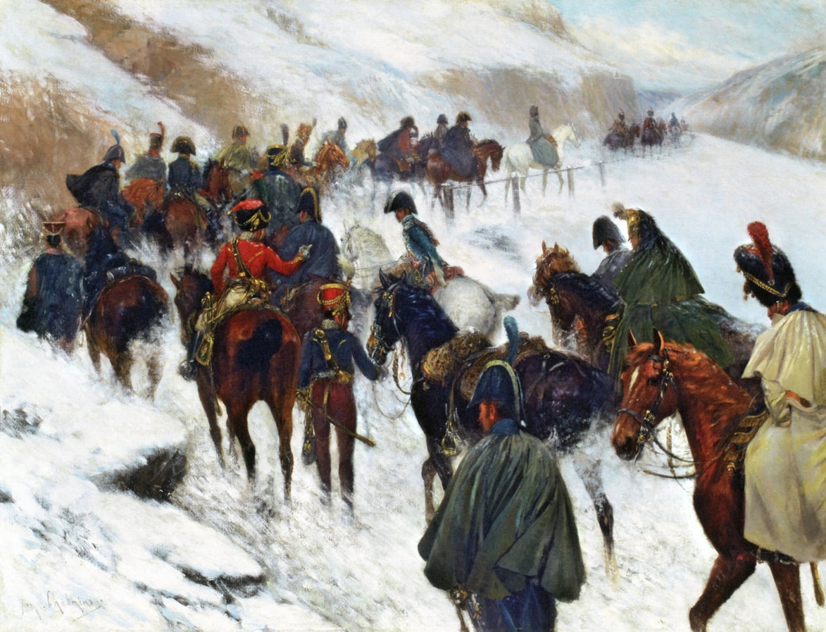 Napoleon Passing through the Guadarrama Mountains, 1808, vintage artwork by Jan Chełmiński, 12x8" (A4) Poster