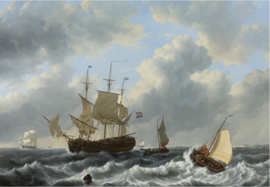A Threemast and Other Vessels in an Estuary, vintage artwork by Johannes Christiaan Schotel, 12x8" (A4) Poster
