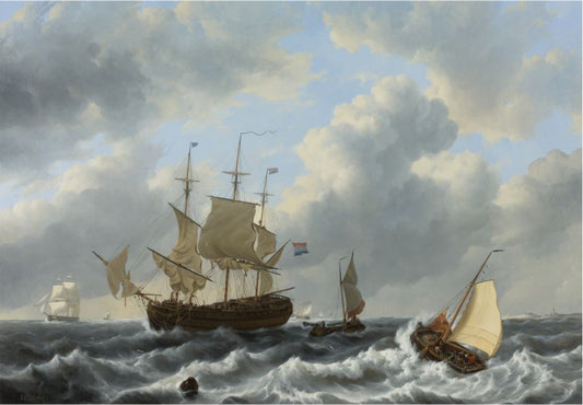 A Threemast and Other Vessels in an Estuary, vintage artwork by Johannes Christiaan Schotel, 12x8" (A4) Poster