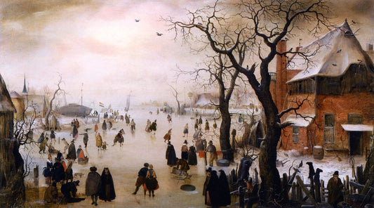 Winter Landscape with Skaters near a Village, vintage artwork by Hendrick Avercamp, 12x8" (A4) Poster