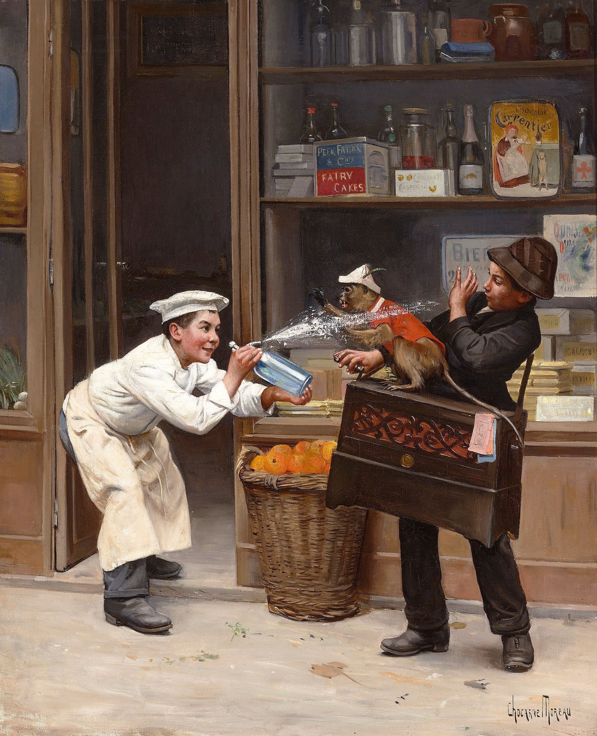 Teasing the Monkey, vintage artwork by Paul-Charles Chocarne-Moreau, 12x8" (A4) Poster