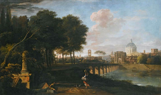 A Capriccio Landscape with a Domed Church, vintage artwork by Marco Ricci, 12x8" (A4) Poster