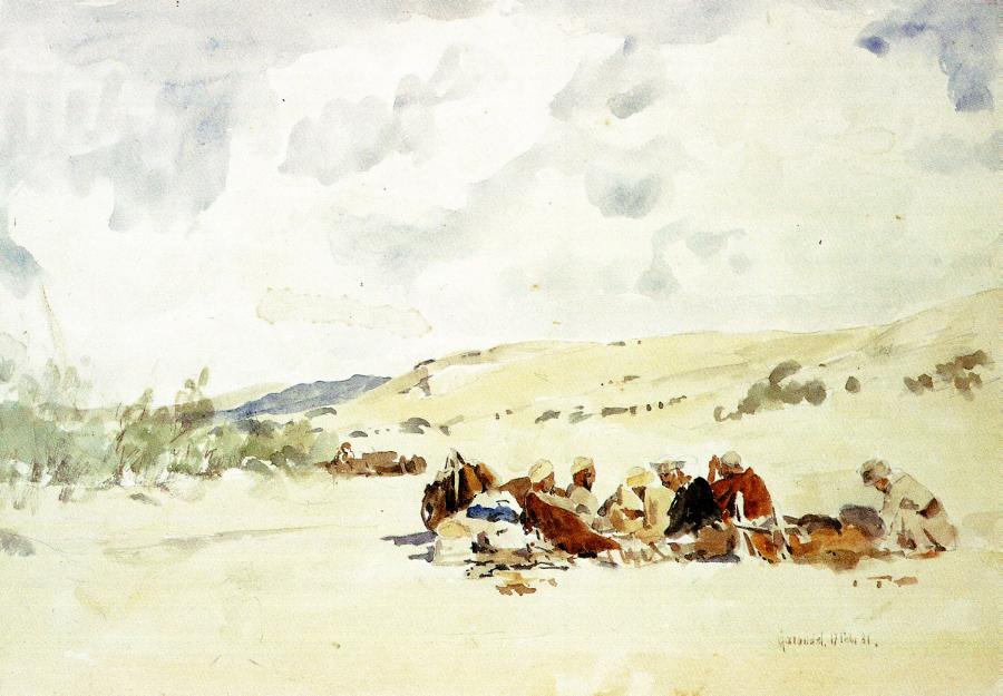 Bedouin Camp in Wadi Garandel (Beduinenlager im Wady Garandel), vintage artwork by Eugen Felix Prosper Bracht, 12x8" (A4) Poster