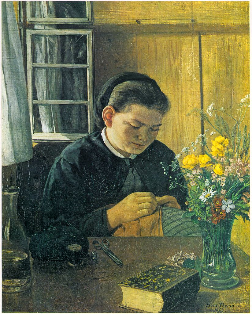 Girl Sewing, vintage artwork by Hans Thoma, 12x8" (A4) Poster