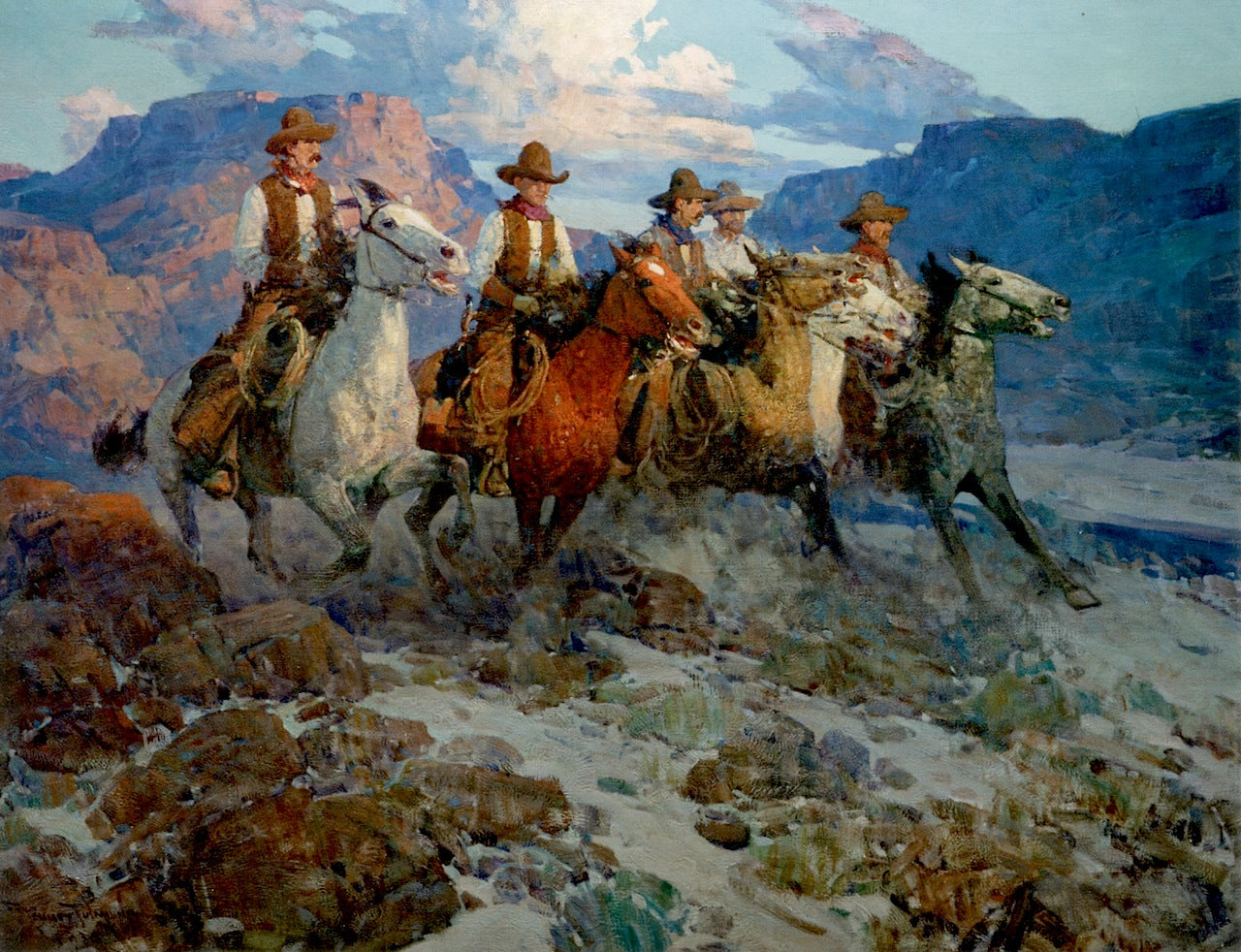 Riders of the Dawn, vintage artwork by Frank Tenney Johnson, 12x8" (A4) Poster