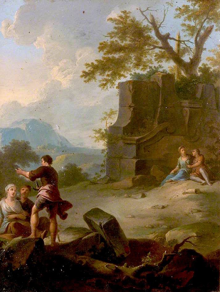 Landscape with Figures and Ruins, vintage artwork by Franz de Paula Ferg, 12x8" (A4) Poster