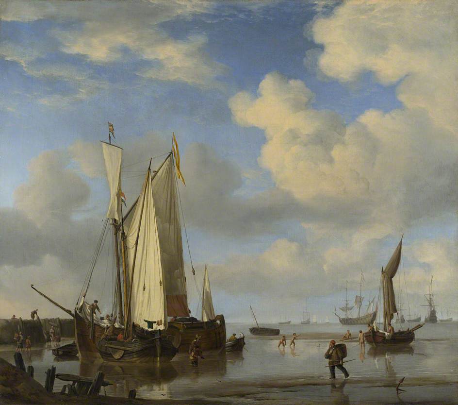 Dutch Vessels Close Inshore at Low Tide with Men Bathing, vintage artwork by Willem van de Velde the Younger, 12x8" (A4) Poster