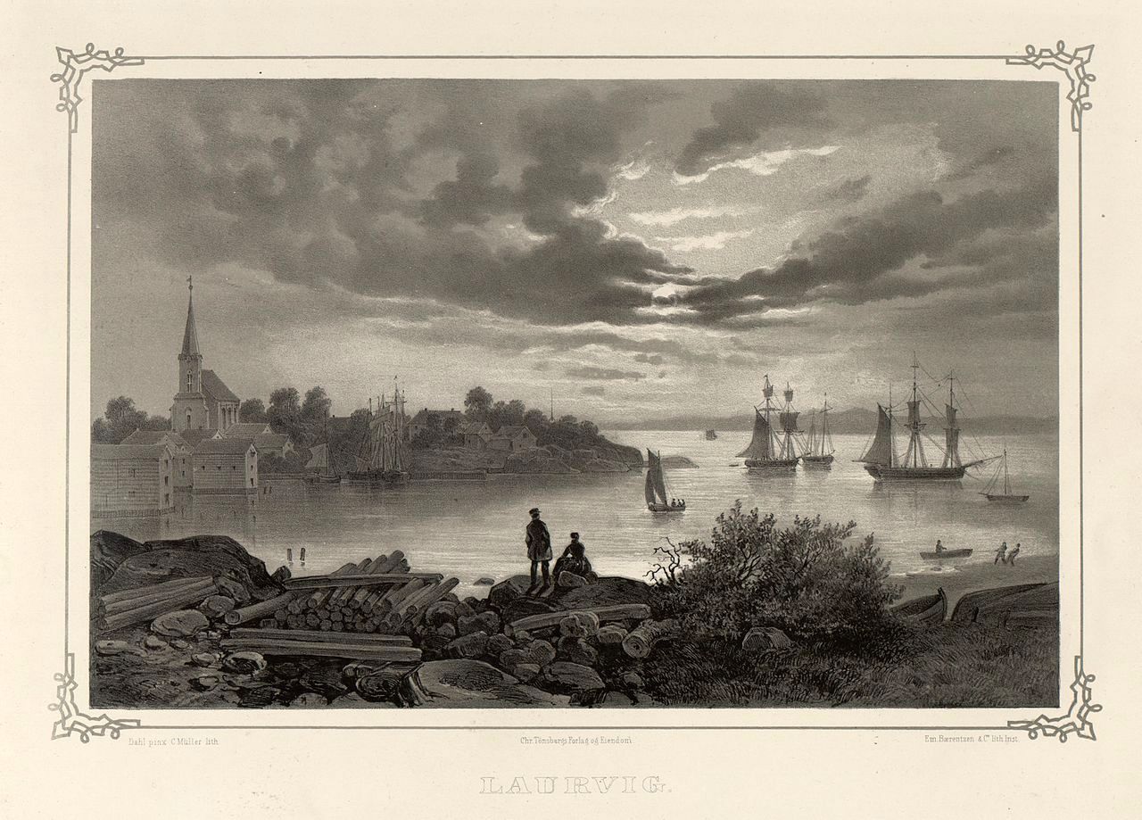 Larvik, Vestfold county, Norway, vintage artwork by Johan Christian Claussen Dahl, A3 (16x12") Poster Print