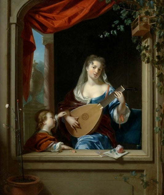 An elegant lady playing the lute at a window, vintage artwork by Philip van Dijk, 12x8" (A4) Poster
