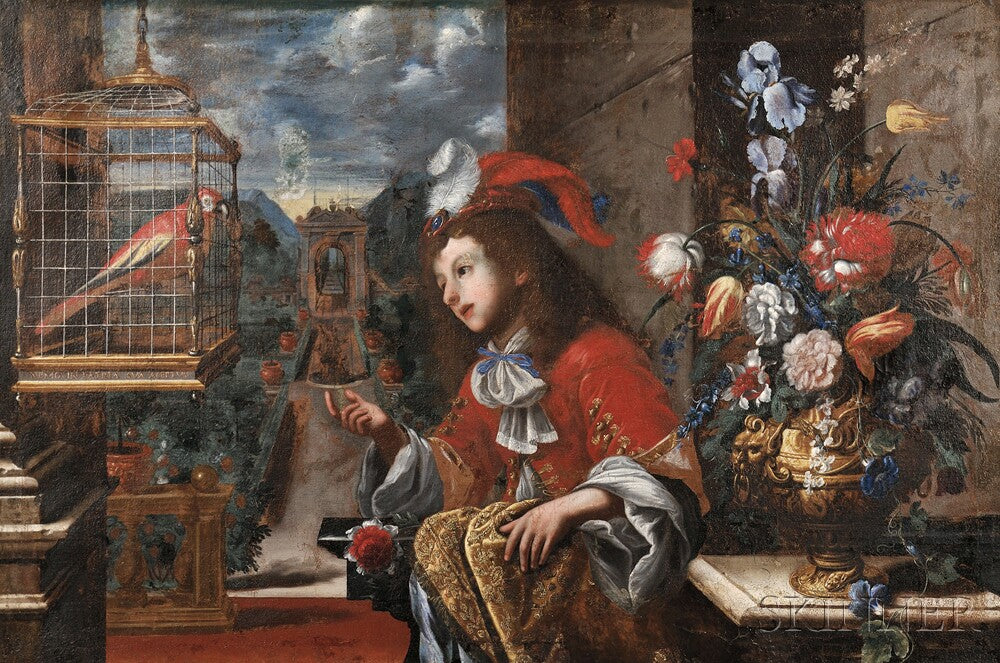 A boy in courtly attire with a parrot and a vase with flowers against a Baroque park landscape, vintage artwork by Pier Francesco Cittadini, 12x8" (A4) Poster