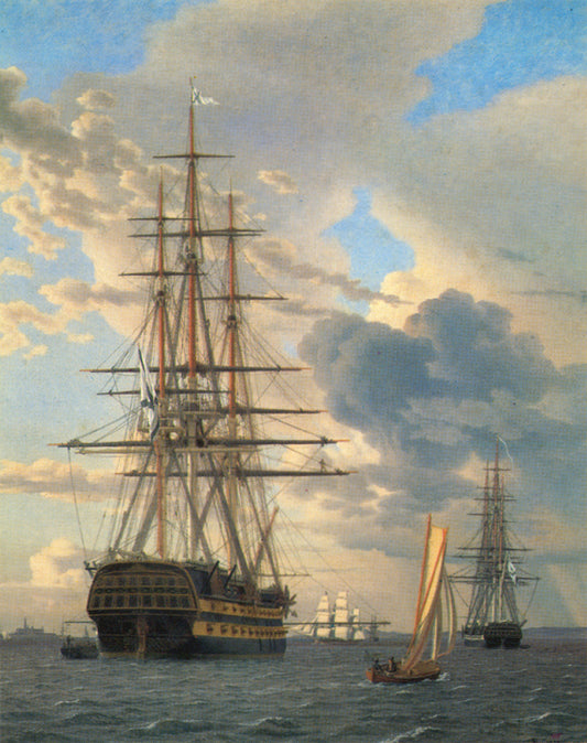 A Russian Manowar "Asow"and a Frigate Anchoring at Elsinore, vintage artwork by Christoffer Wilhelm Eckersberg, 12x8" (A4) Poster