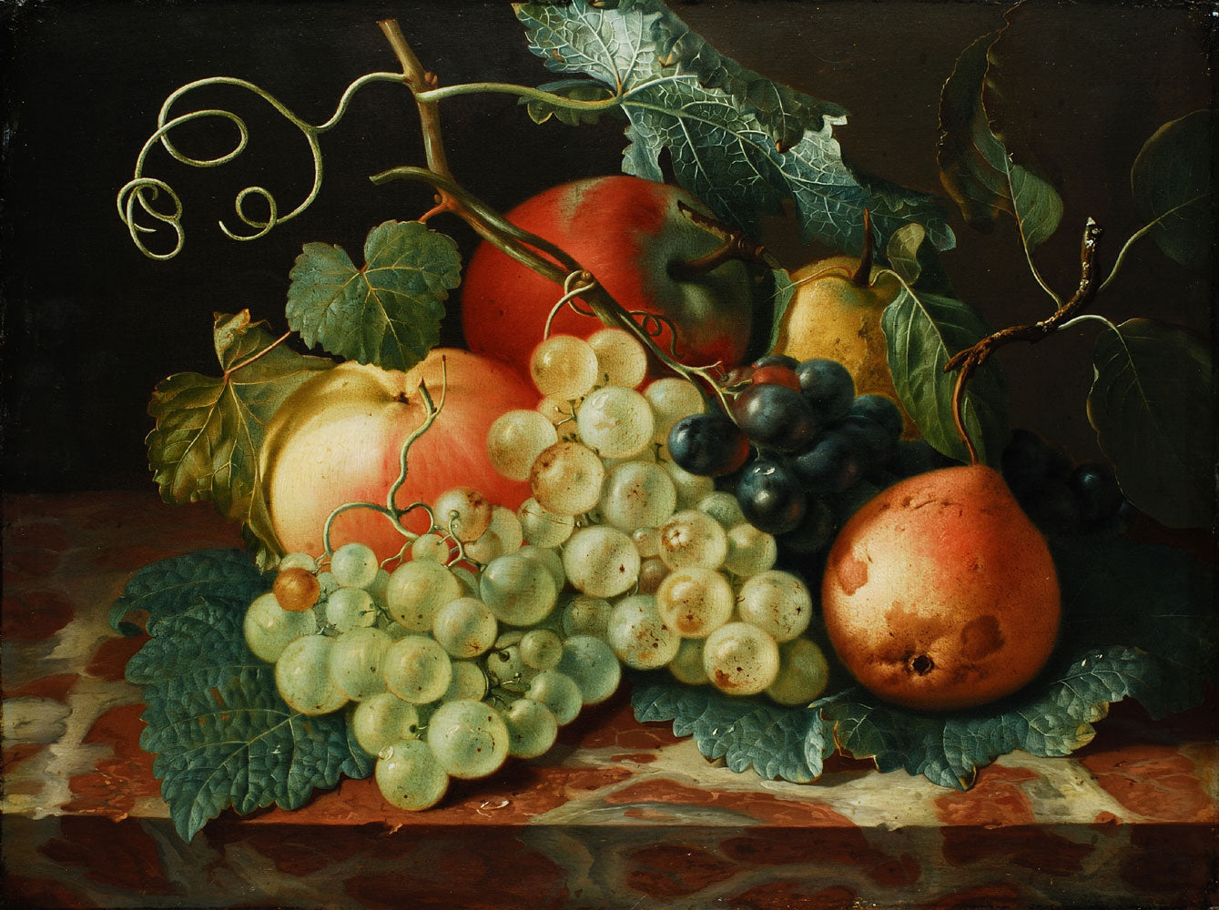 Still Life with Apples, Pears and Grapes on a Marble Plate, vintage artwork by Johann Amandus Winck, 12x8" (A4) Poster