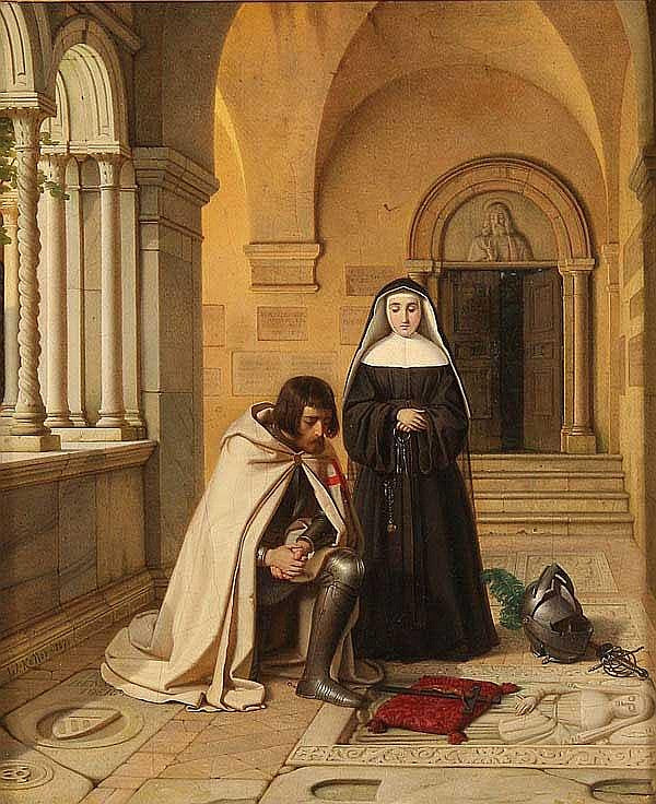 Crusader praying at an abby  grave, vintage artwork by Wilhelm Koller, 12x8" (A4) Poster