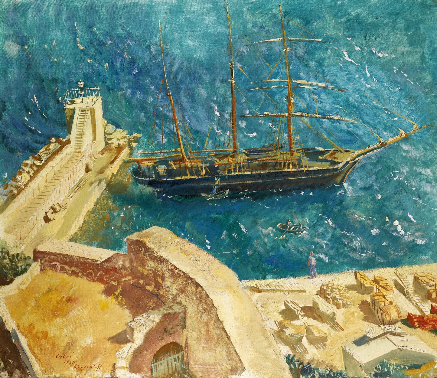 View of the Port in Calvi, vintage artwork by Alexander Evgenievich Yakovlev, 12x8" (A4) Poster
