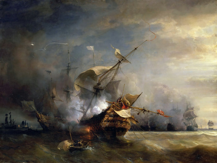 Naval Combat off Cape Lizard in Cornwall, October 21, 1707, vintage artwork by Theodore Gudin, A3 (16x12