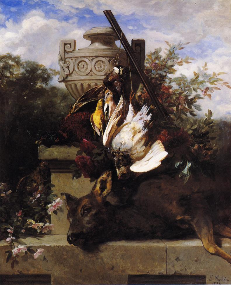 Still Life with Game and a Rifle on a Marble Ledge with an Urn in a Flowery Landscape, vintage artwork by Jean Baptiste Robie, A3 (16x12") Poster Print