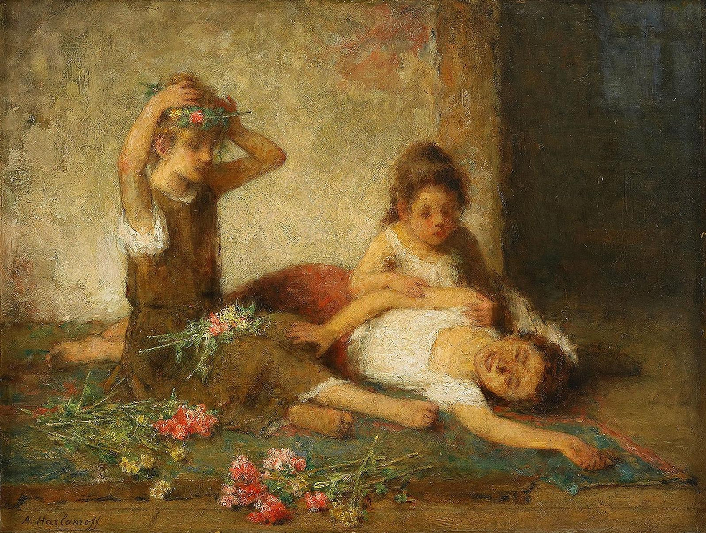 Girls with flowers, vintage artwork by Alexei Harlamoff, 12x8" (A4) Poster