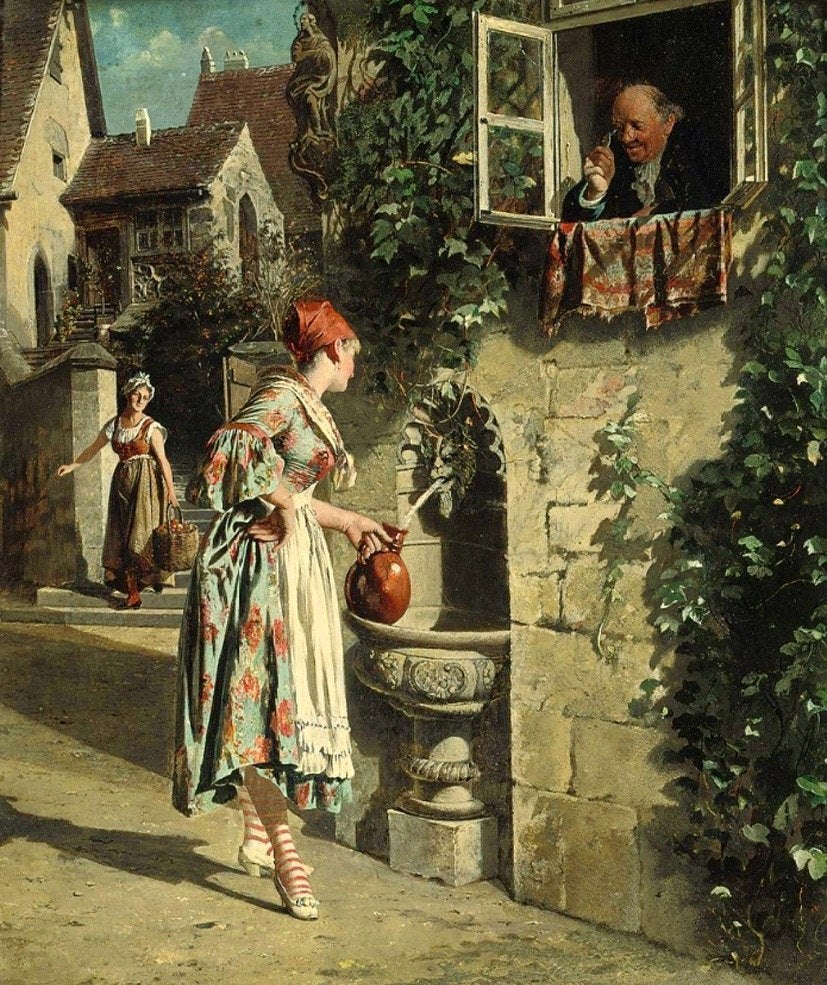 Beauty at the Well, vintage artwork by Johann Hamza, 12x8" (A4) Poster