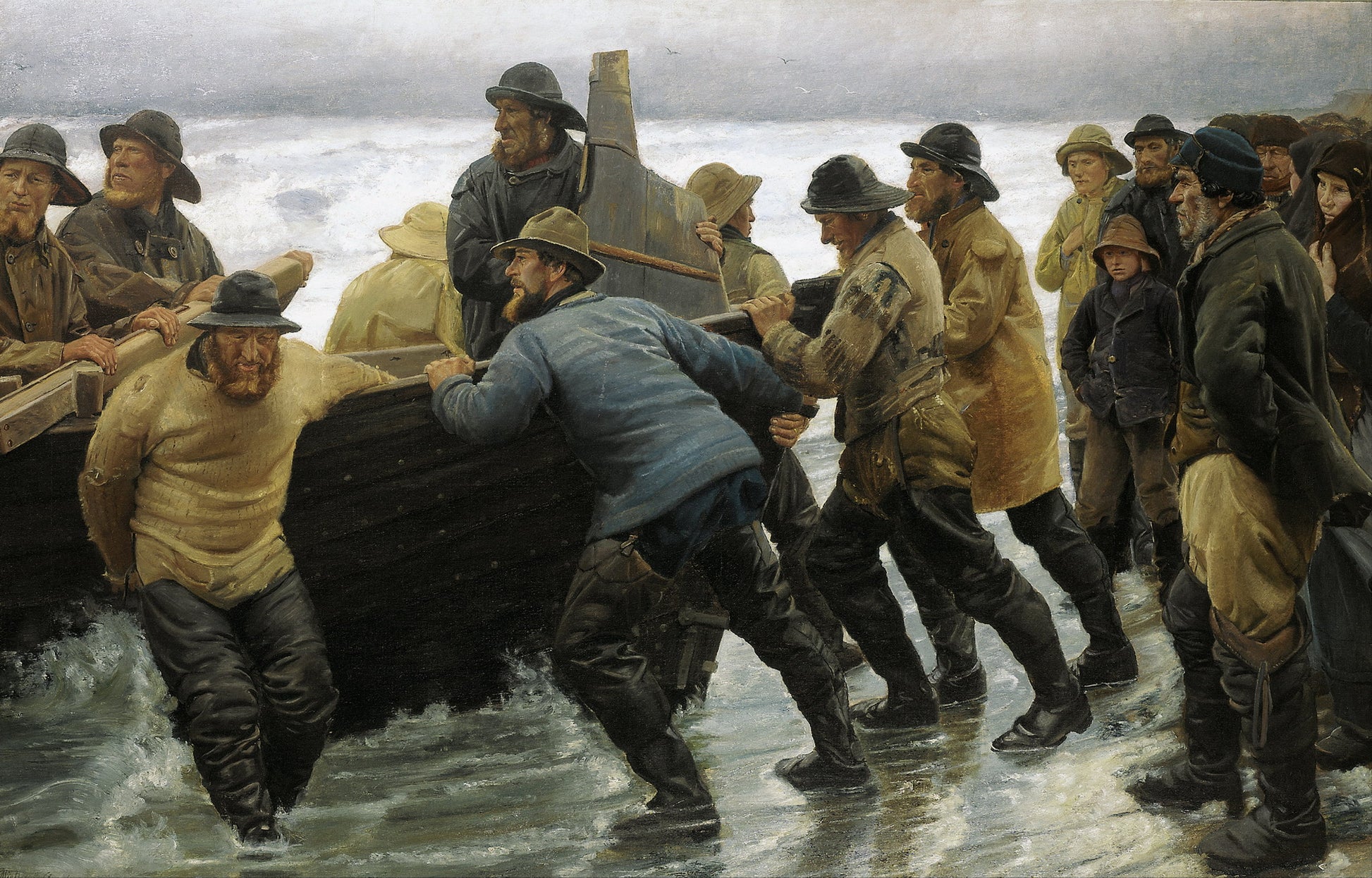 Fishermen Launching a Rowing Boat, vintage artwork by Michael Peter Ancher, 12x8" (A4) Poster