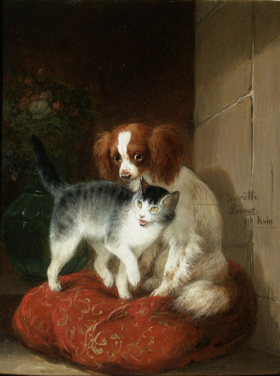 Cat and Dog on a Pillow, vintage artwork by Henriette Ronner-Knip, A3 (16x12") Poster Print