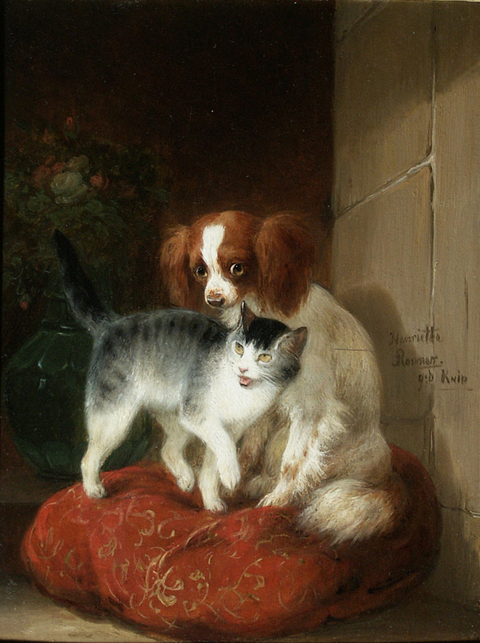 Cat and Dog on a Pillow, vintage artwork by Henriette Ronner-Knip, A3 (16x12
