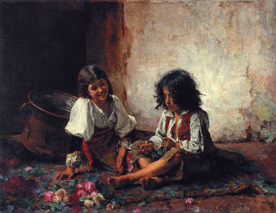 Italian Girls, vintage artwork by Alexei Harlamoff, 12x8" (A4) Poster