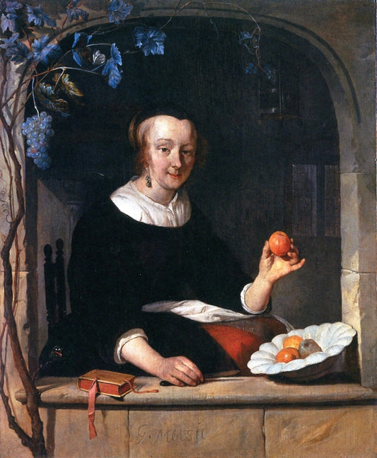 Lady Seated in a Window, vintage artwork by Gabriël Metsu, 12x8" (A4) Poster