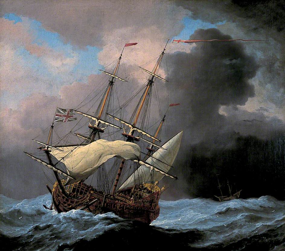 An English Ship 'Hampton Court' in a Gale, vintage artwork by Willem van de Velde the Younger, 12x8" (A4) Poster