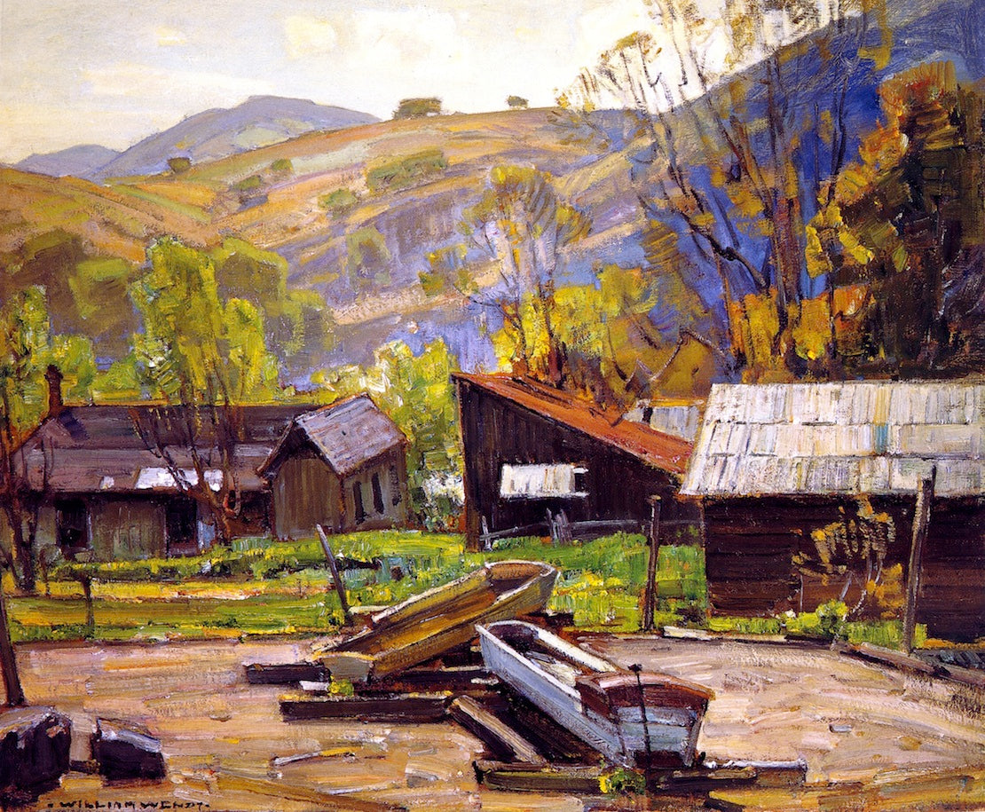 Landscape with Barnes and Troughs, vintage artwork by William Wendt, 12x8" (A4) Poster