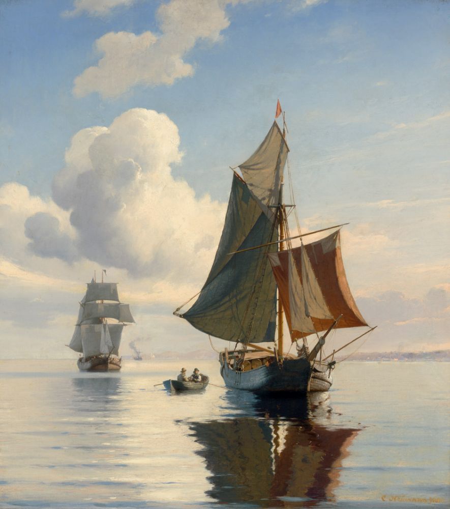 Sailing ships in calm seas on a summer day, vintage artwork by Carl Neuman, 12x8" (A4) Poster