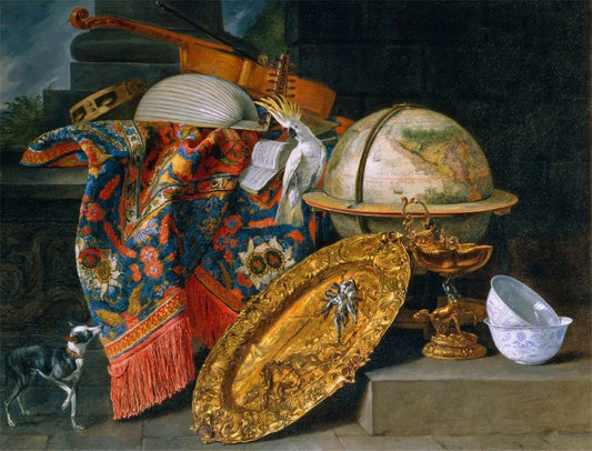 Still Life with a Globe, Musical Instruments, and a Dog, vintage artwork by Pieter Boel, 12x8" (A4) Poster