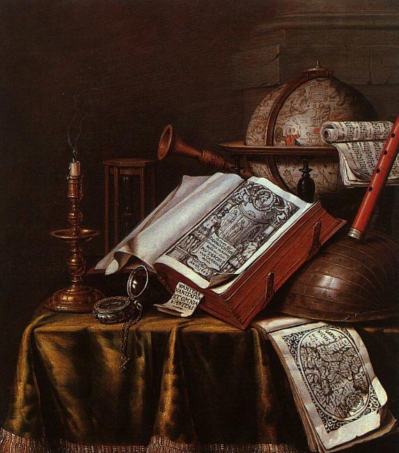 Still Life with Musical Instruments, Plutrach's "Lives", and a Celestial Globe, vintage artwork by Edwaert Collier, 12x8" (A4) Poster