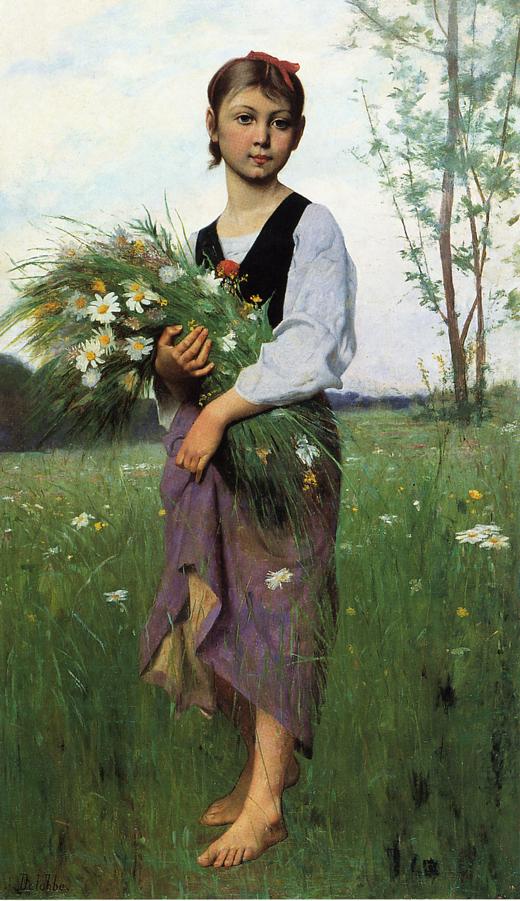 The Flower Picker, vintage artwork by Francois Alfred Delobbe, 12x8" (A4) Poster