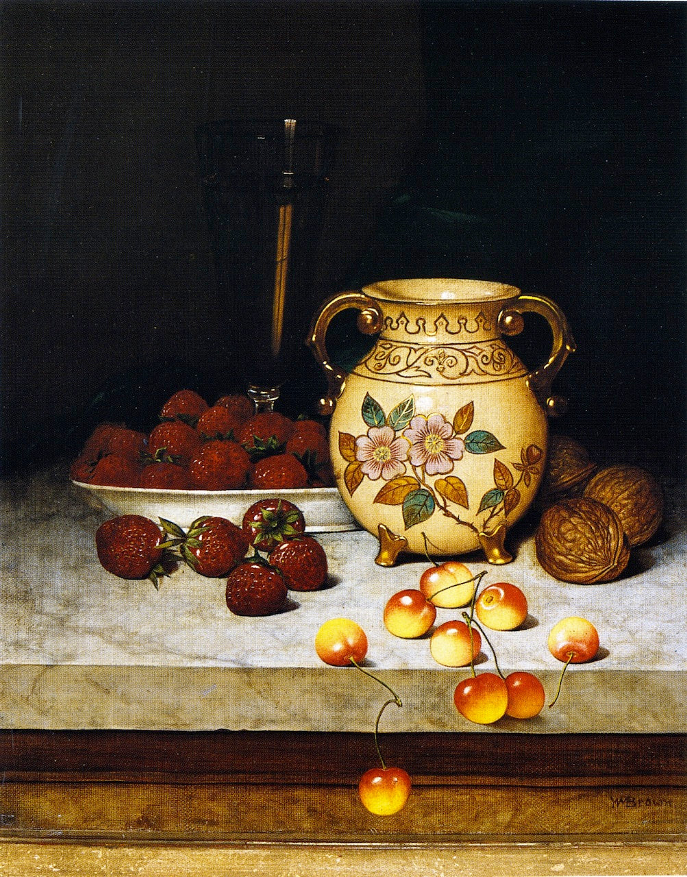 Still LIfe with Queen Anne Cherries, vintage artwork by William Mason Brown, 12x8" (A4) Poster