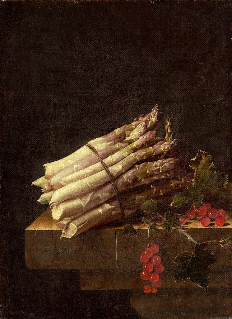 Still Life with Asparagus and Red Currants, vintage artwork by Adriaen Coorte, 12x8" (A4) Poster