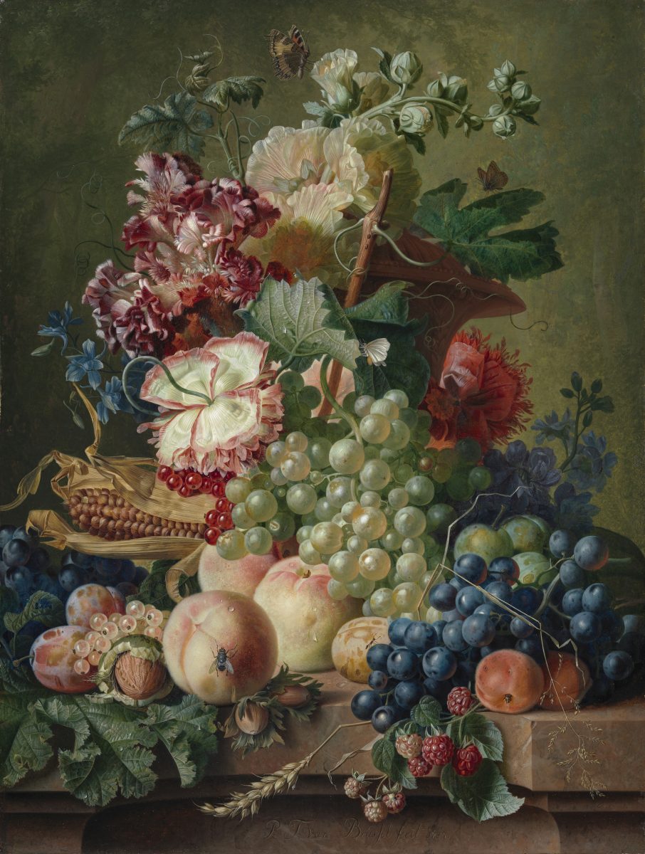 Still life of flowers and fruit on a stone ledge, vintage artwork by Paul Theodor van Brussel, 12x8" (A4) Poster
