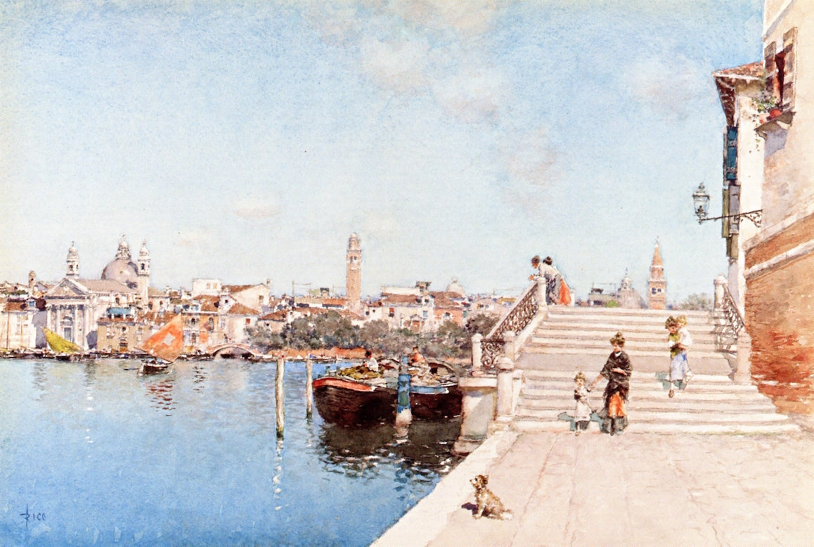 Promenade on the Canal, vintage artwork by Martin Rico y Ortega, 12x8" (A4) Poster