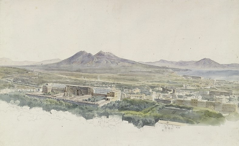 View over Naples with Pompeii and Vesuvius, vintage artwork by Ernst Fries, A3 (16x12") Poster Print