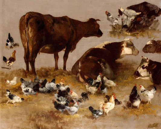 Study of Cows and Chickens, vintage artwork by Alexandre Defaux, 12x8" (A4) Poster