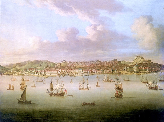 British Ships in Lisbon Harbour, vintage artwork by Peter Monamy, 12x8" (A4) Poster