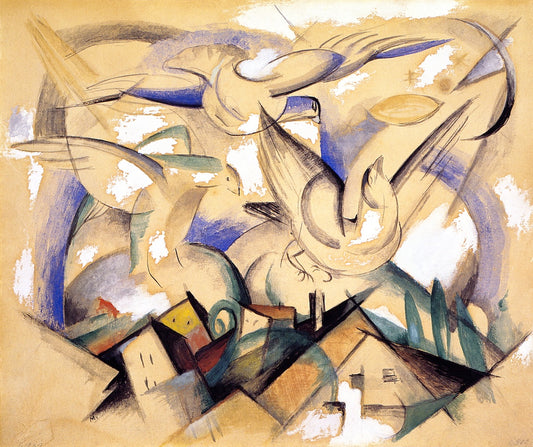 Birds above the Village, vintage artwork by Franz Marc, 12x8" (A4) Poster